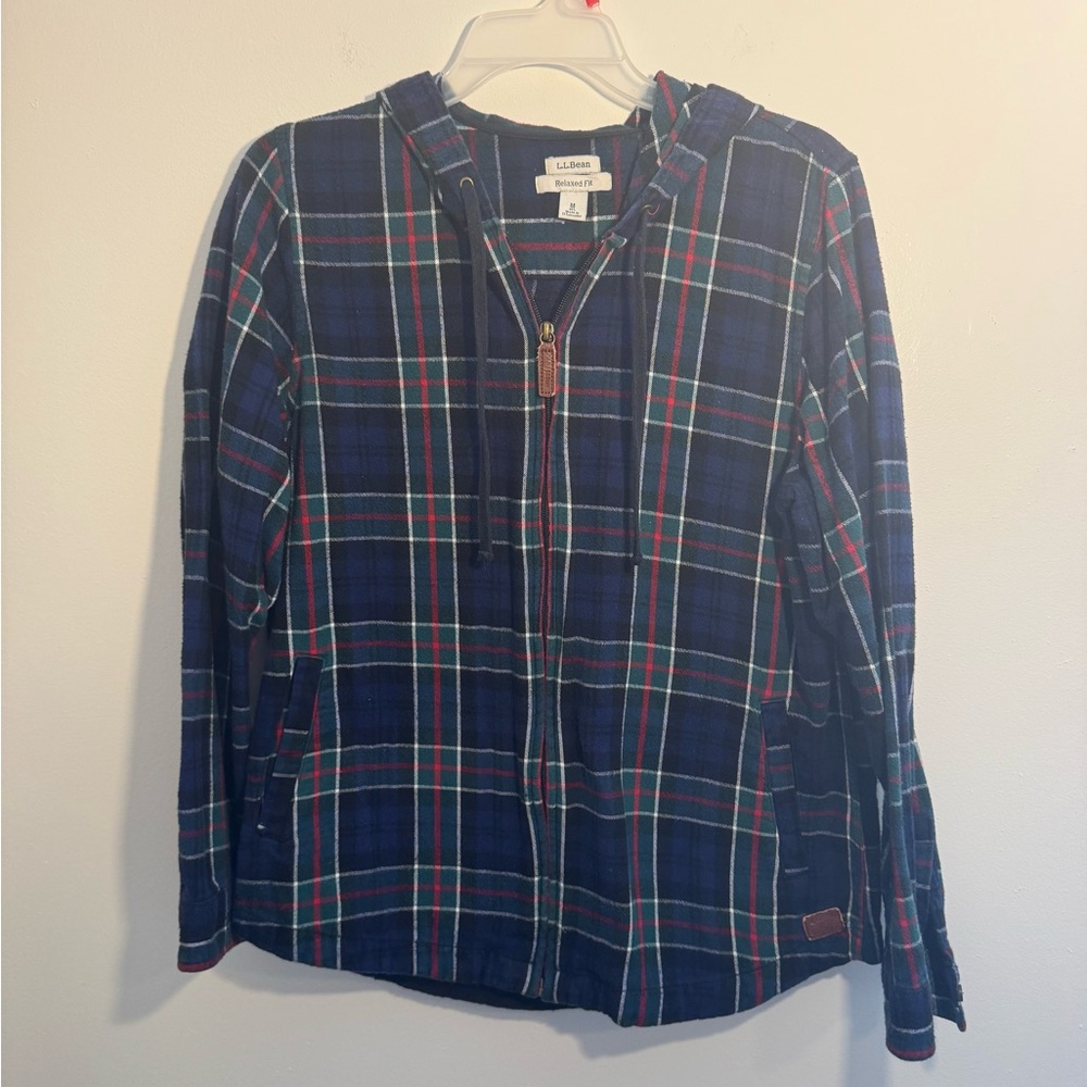 LL Bean Scotch Plaid Hoodie Womens Sz Medium Flannel Relaxed Fit Full Zip Jacket